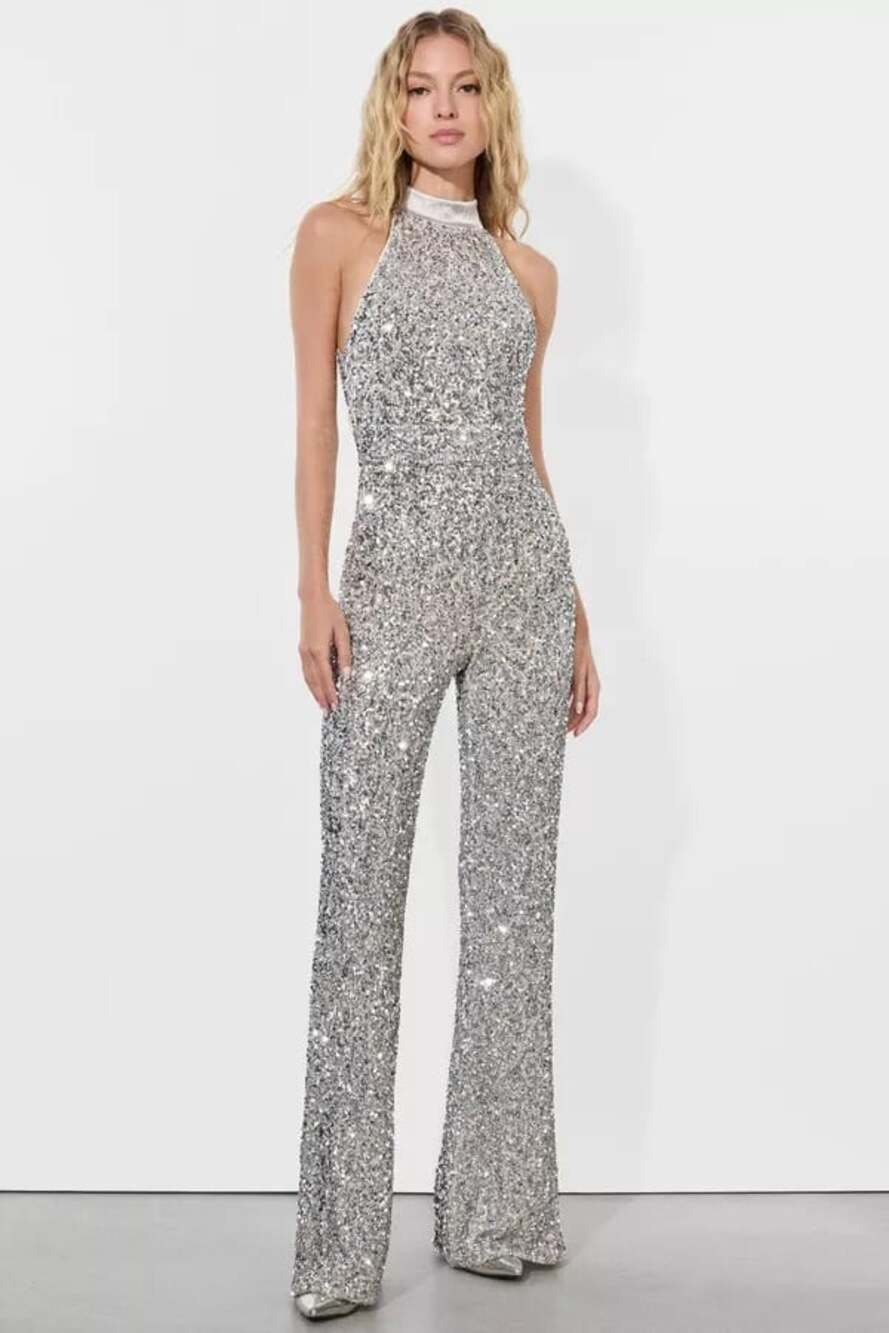 Alice + Olivia Cataline Silver Sequin Jumpsuit 8